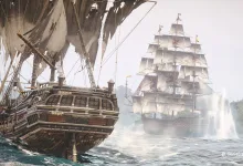 The Jackdaw sails toward a larger sailing ship across a bright, spray-covered sea in Assassin’s Creed Black Flag Resynced.