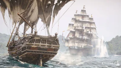 The Jackdaw sails toward a larger sailing ship across a bright, spray-covered sea in Assassin’s Creed Black Flag Resynced.