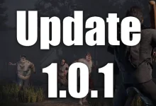 The Left Behind character facing zombies beneath large Update 1.0.1 text