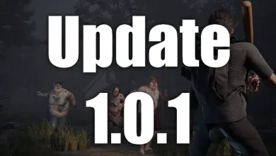 The Left Behind character facing zombies beneath large Update 1.0.1 text