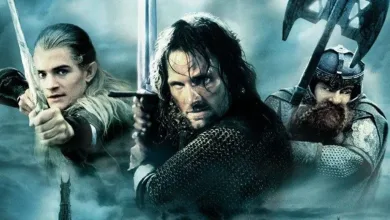 Three The Lord of the Rings characters shown together in a blue-toned scene