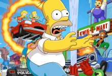 Homer Simpson reaches toward a Kwik-E-Mart as characters drive through Springfield in The Simpsons: Hit & Run artwork.