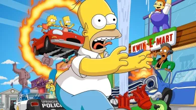 Homer Simpson reaches toward a Kwik-E-Mart as characters drive through Springfield in The Simpsons: Hit & Run artwork.