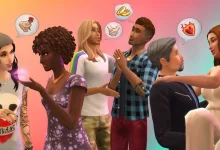 A diverse group of The Sims characters interact and talk together
