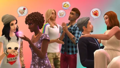 A diverse group of The Sims characters interact and talk together
