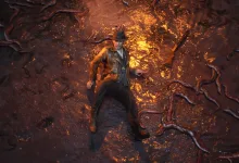 A hat-wearing character stands in shallow water surrounded by writhing worms in The Sinking City 2.
