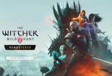 Geralt and other characters in The Witcher 3: Wild Hunt Remastered artwork with a Free Upgrade label