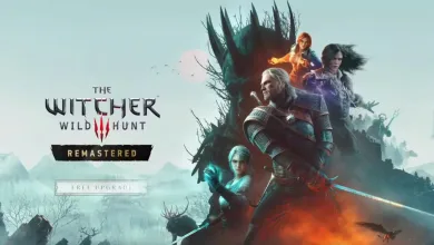 Geralt and other characters in The Witcher 3: Wild Hunt Remastered artwork with a Free Upgrade label