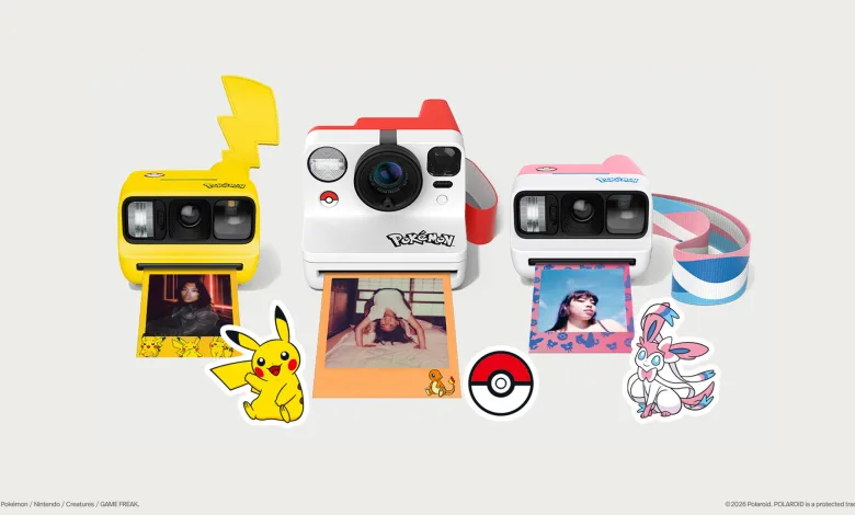 Three Pokémon-themed Polaroid cameras displayed with Pokémon accessories, including Pikachu and Sylveon designs and a Poké Ball