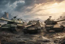 Three armored tanks positioned on a muddy battlefield beneath a dramatic sunset sky.