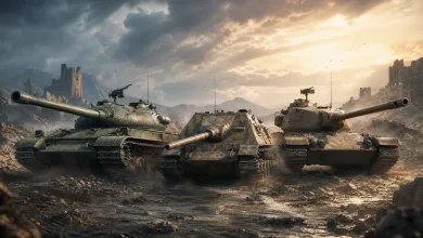 Three armored tanks positioned on a muddy battlefield beneath a dramatic sunset sky.