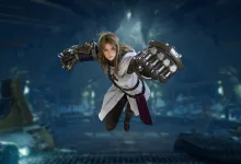 A Throne and Liberty character in white clothing flies forward while wearing large metallic gauntlets
