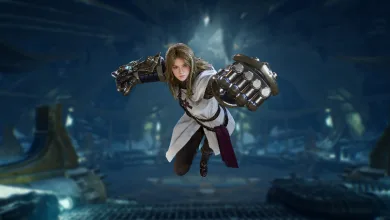 A Throne and Liberty character in white clothing flies forward while wearing large metallic gauntlets