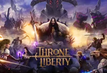Throne and Liberty characters face a towering armored creature in a fantasy battlefield