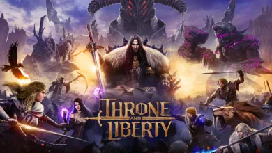 Throne and Liberty characters face a towering armored creature in a fantasy battlefield