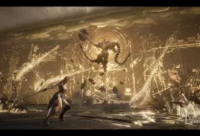 A warrior confronts a towering supernatural enemy in a golden, shattered-city scene from Tides of Annihilation.