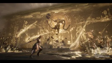 A warrior confronts a towering supernatural enemy in a golden, shattered-city scene from Tides of Annihilation.