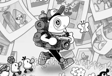 A black-and-white Toem 2 character carrying a camera amid photographs and small companions