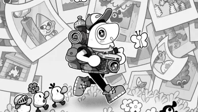 A black-and-white Toem 2 character carrying a camera amid photographs and small companions