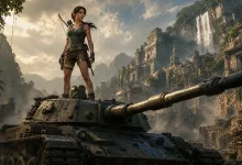 Tomb Raider-style adventurer standing on a tank in front of jungle-covered archaeological ruins