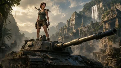 Tomb Raider-style adventurer standing on a tank in front of jungle-covered archaeological ruins