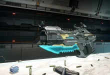 A futuristic firearm with a glowing cyan blade displayed inside a metallic sci-fi room in The First Descendant