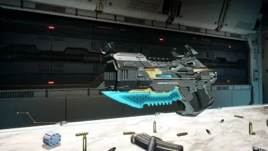 A futuristic firearm with a glowing cyan blade displayed inside a metallic sci-fi room in The First Descendant