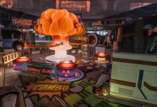 A pinball-themed Nuketown Multiplayer map from Call of Duty: Black Ops 7, featuring an orange bumper, arcade elements, and miniature urban scenery.