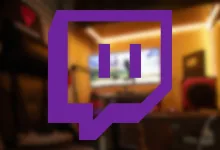 Purple Twitch logo over a blurred streaming setup
