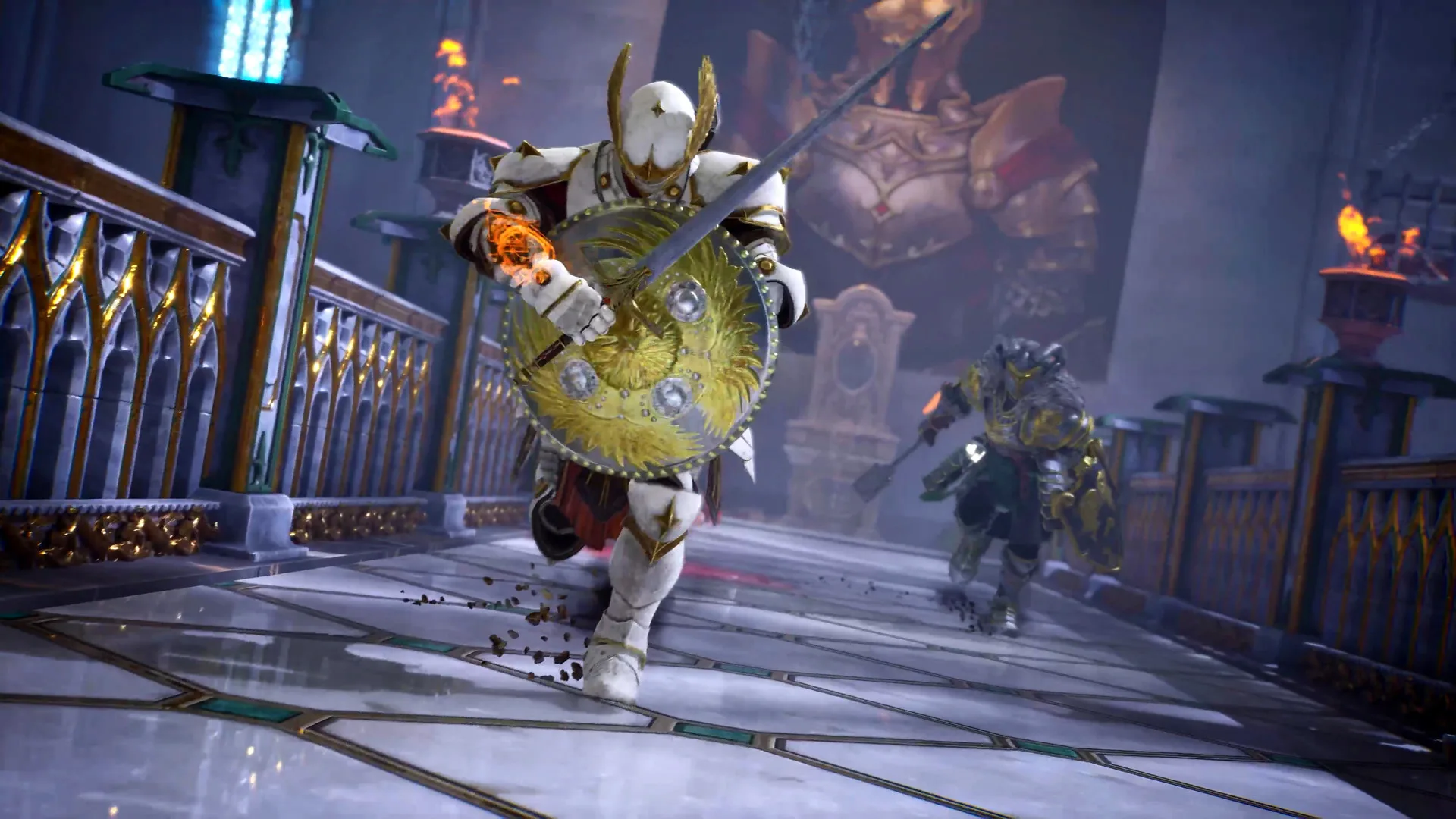 Two armored warriors fight through a grand corridor in Crimson Moon