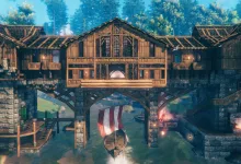 A wooden Valheim settlement and boat beneath a large bridge