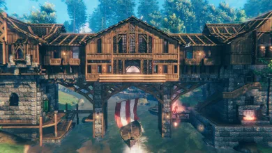 A wooden Valheim settlement and boat beneath a large bridge