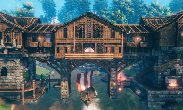 A wooden Valheim settlement and boat beneath a large bridge