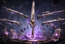 A transforming sword and futuristic firearms surrounded by glowing magical playing cards and purple energy