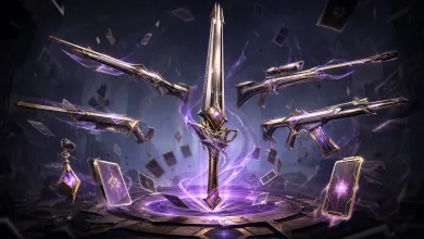 A transforming sword and futuristic firearms surrounded by glowing magical playing cards and purple energy