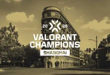 VALORANT Champions 2026 Shanghai event graphic over a sepia-toned city street