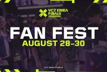 Promotional graphic for the VCT EMEA Fan Fest in Barcelona, advertising Aug. 28–30.