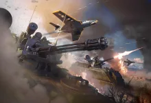 A War Thunder aircraft flies above ground vehicles firing amid smoke and explosions.