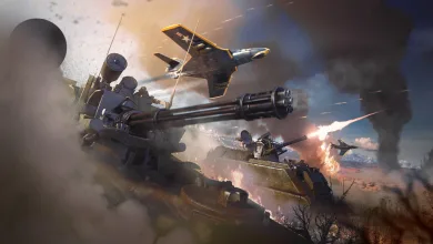 A War Thunder aircraft flies above ground vehicles firing amid smoke and explosions.