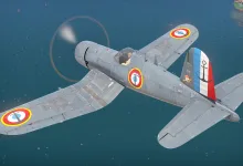 War Thunder aircraft viewed from above with colorful painted markings on its wings and fuselage