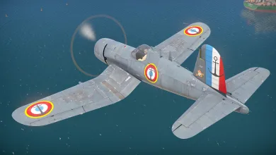 War Thunder aircraft viewed from above with colorful painted markings on its wings and fuselage