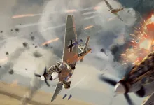 War Thunder aircraft engage in an aerial battle amid explosions and smoke