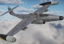 A War Thunder F-89D Scorpion flies above the clouds with rocket pods mounted beneath its wings.