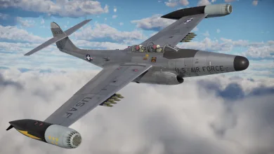 A War Thunder F-89D Scorpion flies above the clouds with rocket pods mounted beneath its wings.