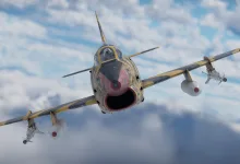 A War Thunder G.91 R/4 jet flies toward the viewer beneath a cloudy sky with missiles mounted under its wings.