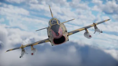 A War Thunder G.91 R/4 jet flies toward the viewer beneath a cloudy sky with missiles mounted under its wings.