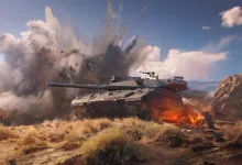 A War Thunder ground vehicle sits amid smoke, flames, and a battlefield explosion in a rocky landscape.