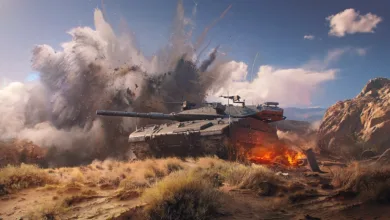 A War Thunder ground vehicle sits amid smoke, flames, and a battlefield explosion in a rocky landscape.