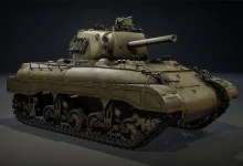 A rendered War Thunder M7 medium tank shown from the front at a three-quarter angle.