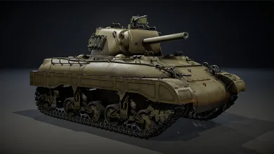 A rendered War Thunder M7 medium tank shown from the front at a three-quarter angle.